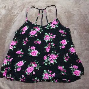 Black tank top with floral design and cutout back
